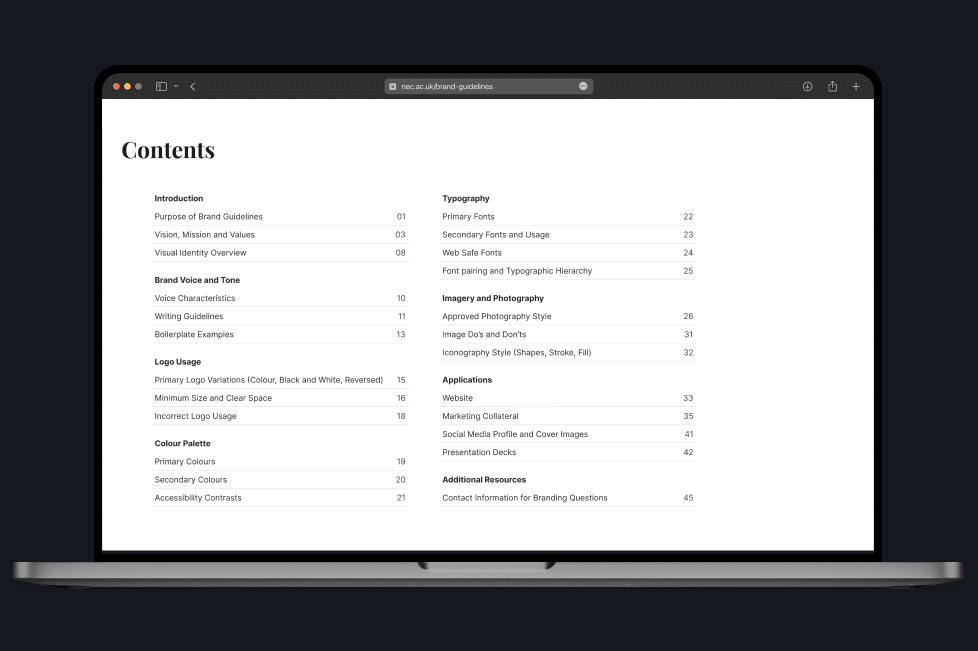 contents of a modern brand bible